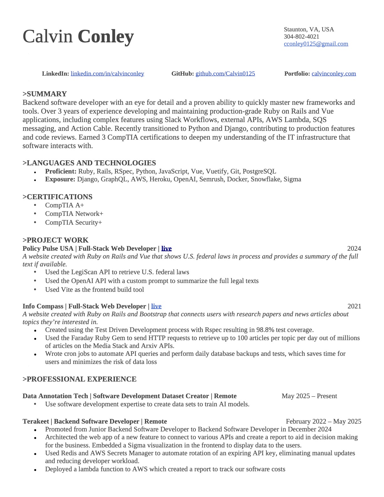 Calvin Conley's resume page 1